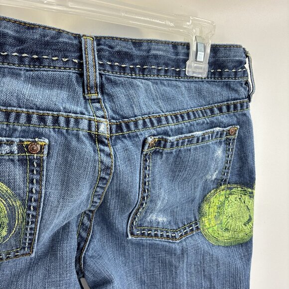 Old Navy Womens 6 Y2K Bootcut Jeans Blue Distressed Denim Painted Pocket - Picture 8 of 11